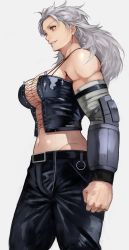 Rule 34 | 1girl, absurdres, bandages, belt, breasts, cleavage, corset, cowboy shot, cross, dorohedoro, earrings, highres, jewelry, large breasts, long hair, messy hair, midriff, muscular, muscular female, navel, noi (dorohedoro), pants, parted lips, red eyes, simple background, smile, solo, tall female, toned, white hair, yoshio (55level)