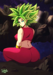 Rule 34 | 1girl, aqua eyes, ass, breasts, dragon ball, dragon ball super, highres, inhus, jewelry, kefla (dragon ball), large breasts, leggings, looking back, muscular, muscular female, on ground, open mouth, sideboob, spiked hair, super saiyan