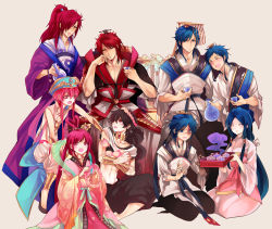 Rule 34 | 3girls, 6+boys, black hair, blue eyes, blue hair, brother and sister, brothers, chinese clothes, crown, food, fruit, guan hat, hagoromo, hanfu, jewelry, judal, long hair, lots of jewelry, magi the labyrinth of magic, mian guan, mole, multiple boys, multiple girls, nair (mindcreator), peach, purple hair, red eyes, red hair, ren hakuei, ren hakuren, ren hakuryuu, ren hakuyuu, ren kouen, ren kougyoku, ren kouha, ren koumei, shawl, siblings