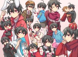 Rule 34 | 6+boys, :&lt;, :x, a-ya (shuuen no shiori), aged down, ahoge, alternate costume, animal ears, arm up, bespectacled, black hair, black jacket, black sweater, blazer, blue hoodie, blue necktie, book, bright pupils, brown capelet, brown hair, brown headwear, buttons, c-ta, cabbie hat, cape, capelet, cardigan, casual, cat ears, cellphone, character doll, chibi, chibi inset, child, chinese commentary, closed mouth, collarbone, collared shirt, colored eyepatch, commentary request, covered mouth, cowboy shot, cross, crown, demon tail, double-breasted, double-parted bangs, drawstring, expressionless, eyepatch, facing viewer, fake animal ears, flower, flower (symbol), fringe trim, from side, full body, fur-trimmed cape, fur trim, glasses, gradient background, greek cross, grey jacket, grey shorts, hair between eyes, hat, highres, holding, holding book, holding magnifying glass, holding phone, holding stuffed toy, hood, hood down, hoodie, hugging object, innertube, jacket, lapels, long sleeves, looking ahead, looking at viewer, looking to the side, lop rabbit ears, magnifying glass, male focus, multiple boys, multiple persona, necktie, notched lapels, one eye closed, open mouth, pants, phone, pink background, pink innertube, plaid, plaid headwear, plaid pants, rabbit ears, rata (m40929), rectangular eyewear, red cape, red cardigan, red eyes, red flower, red headwear, red necktie, red pants, red shawl, red trim, school uniform, semi-rimless eyewear, shawl, shirt, short hair, shorts, shouting, shuuen no shiori project, sitting, smartphone, smile, socks, stuffed animal, stuffed rabbit, stuffed toy, sweat, sweater, swim ring, tail, translation request, under-rim eyewear, upper body, v-neck, white pupils, white shirt, white socks, yellow jacket