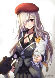 Rule 34 | 1girl, bad id, bad pixiv id, beret, blush, braid, breasts, cat, cleavage, collarbone, cowboy shot, g36c (girls&#039; frontline), girls&#039; frontline, grey hair, gun, hair over one eye, hat, highres, holding, holding gun, holding weapon, kong (ksw2801), large breasts, long hair, looking at viewer, military, military uniform, parted lips, red eyes, rifle, side braid, smile, uniform, very long hair, weapon