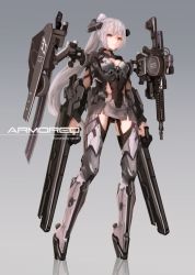 Rule 34 | 1girl, bad id, bad pixiv id, bodysuit, cancell, gradient background, long hair, magnetic weapon, original, ponytail, railgun, red eyes, reflection, silver hair, solo, weapon
