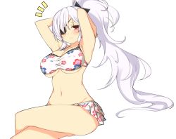 Rule 34 | ^^^, 10s, 1girl, albino, alternate hairstyle, armpits, arms behind head, arms up, bikini, bikini skirt, blush, breasts, cleavage, closed mouth, eyepatch, floral print, groin, invisible chair, large breasts, crossed legs, long hair, looking at viewer, navel, one eye covered, ponytail, red eyes, seiza, senran kagura, simple background, sitting, solo, stomach, swimsuit, tenpesuto, thighs, underboob, very long hair, white background, white bikini, white legwear, yagyu (senran kagura)