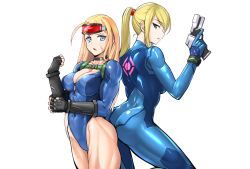 Rule 34 | 2girls, alternate hairstyle, artist request, ass, ass-to-ass, blue bodysuit, blue leotard, bodysuit, breasts, cammy white, crossover, curvy, gun, high ponytail, highleg, highleg leotard, highres, holding, holding gun, holding weapon, large breasts, leotard, lips, long hair, looking at viewer, metroid, multiple girls, muscular, muscular female, nintendo, official alternate costume, official alternate hairstyle, ponytail, revealing clothes, samus aran, shiny skin, skin tight, street fighter, street fighter v, very long hair, weapon, white background, wide hips, zero suit