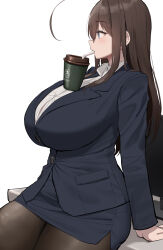 Rule 34 | 1girl, ahoge, blue eyes, blue jacket, blue skirt, blush, breasts, brown hair, brown pantyhose, coffee cup, cup, disposable cup, drinking straw, from side, highres, huge breasts, jacket, long hair, long sleeves, object on breast, oekakizuki, original, pantyhose, pencil skirt, senpai (oekakizuki), sidelocks, skirt, solo, thighs
