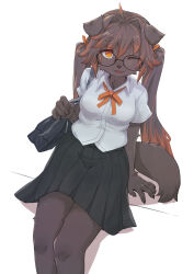 Rule 34 | 1girl, ;3, animal ears, animal nose, bag, black-framed eyewear, black skirt, body fur, brown fur, brown hair, collared shirt, dog ears, dog girl, dog tail, feet out of frame, from above, furry, furry female, glasses, hair intakes, hanadaiteol, highres, holding strap, legs together, long hair, looking at viewer, multicolored hair, neck ribbon, one eye closed, open mouth, orange hair, orange ribbon, original, ribbon, round eyewear, school bag, school uniform, shirt, simple background, sitting, skirt, slit pupils, smile, solo, streaked hair, tail, twintails, two-tone hair, white background, white shirt, yellow eyes