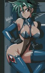 Rule 34 | 1990s (style), 1girl, animated, animated gif, blinking, breasts, commentary, covered navel, danmakuman, elbow gloves, english commentary, gloves, green hair, leotard, medium breasts, original, red eyes, retro artstyle, scanlines, signature, solo, thighhighs