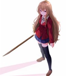 Rule 34 | 1girl, absurdres, aisaka taiga, black ribbon, black thighhighs, blue skirt, blush, breasts, brown eyes, brown footwear, brown hair, closed mouth, collared shirt, from above, full body, hair between eyes, highres, holding, holding sword, holding weapon, jacket, kano (wi3028), light brown hair, long hair, long sleeves, looking at viewer, miniskirt, neck ribbon, oohashi high school uniform, pleated skirt, red jacket, ribbon, school uniform, shirt, shoes, sidelocks, simple background, skirt, solo, standing, sword, thighhighs, toradora!, very long hair, weapon, white background, white shirt, wing collar, wooden sword