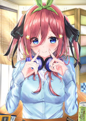 Rule 34 | 1girl, absurdres, black ribbon, blue cardigan, blue eyes, blush, borrowed clothes, breasts, brown hair, butterfly hair ornament, can, cardigan, closed mouth, drink can, fingersmile, go-toubun no hanayome, green headband, hair between eyes, hair ornament, hands up, headband, headphones, headphones around neck, highres, indoors, large breasts, long hair, long sleeves, nail polish, nakano miku, notebook, pen, pink nails, rain sunny, ribbon, school uniform, shirt, sidelocks, smile, soda can, solo, star (symbol), star hair ornament, two side up, upper body, white shirt, window blinds