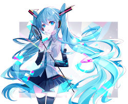 Rule 34 | 1girl, baocaizi, black skirt, black thighhighs, blue eyes, blue hair, blue nails, blue necktie, collared shirt, detached sleeves, fingernails, grey shirt, hair between eyes, hair ornament, hatsune miku, headpiece, highres, holding, holding microphone, long hair, long sleeves, looking at viewer, microphone, nail polish, necktie, parted lips, pleated skirt, shirt, skirt, sleeveless, sleeveless shirt, smile, solo, thighhighs, twintails, very long hair, vocaloid