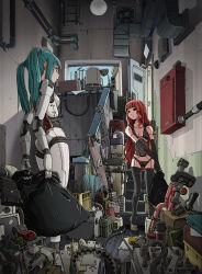 Rule 34 | 2girls, android, aqua hair, bag, bikini, highres, joints, junk, long hair, messy room, multiple girls, original, industrial pipe, plastic bag, red hair, robot joints, stairs, sukabu, swimsuit, thighhighs, tools, trash bag, twintails