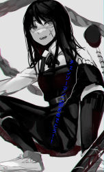 Rule 34 | 1girl, absurdres, belt, chainsaw man, chromatic aberration, collared shirt, commentary request, dress, full body, greyscale, highres, kneehighs, long hair, looking at viewer, monochrome, neck ribbon, pinafore dress, raimone26, ribbon, ringed eyes, scar, scar on face, school uniform, shirt, sleeveless, sleeveless dress, socks, solo, spot color, squatting, tanaka (chainsaw man), yoru (chainsaw man)