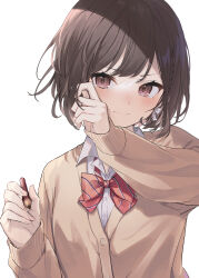 Rule 34 | 1girl, absurdres, blush, bow, bowtie, braid, brown cardigan, brown eyes, brown hair, buttons, cardigan, closed mouth, collared shirt, commentary request, crying, crying with eyes open, diagonal-striped bow, diagonal-striped bowtie, diagonal-striped clothes, fingernails, glint, hair bow, highres, holding, holding pencil, kamiyama high school uniform (project sekai), long sleeves, looking at viewer, multicolored bow, multicolored bowtie, pencil, project sekai, purple eyes, red bow, red bowtie, sad smile, school uniform, shinonome ena, shirt, short hair, side braid, smile, solo, striped bow, striped bowtie, striped clothes, tears, upper body, v-shaped eyebrows, white background, white bow, white bowtie, white shirt, wiping tears, wooden pencil, yuzutouhu ika