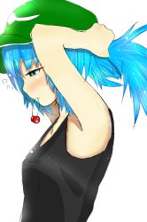 Rule 34 | 1girl, adjusting hair, armpits, black eyes, blue hair, blush, breasts, fanks, hair bobbles, hair ornament, hands in hair, hat, highres, kawashiro nitori, mouth hold, profile, short hair, simple background, sketch, small breasts, solo, tank top, touhou, tying hair, upper body, white background