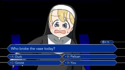 Rule 34 | 1girl, blonde hair, blue eyes, blush, clumsy nun (diva), diva (hyxpk), english text, habit, highres, little nuns (diva), looking at viewer, nun, open mouth, solo, sweat, tearing up, traditional nun, who wants to be a millionaire
