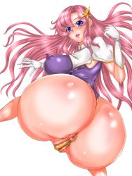 Rule 34 | 00s, 1girl, anus, anus peek, ass, blue eyes, blush, breasts, covered erect nipples, from behind, gloves, gundam, gundam seed, gundam seed destiny, hair ornament, highres, huge ass, huge breasts, kemomofu, leotard, long hair, looking at viewer, meer campbell, parted lips, partially visible vulva, pink hair, shiny clothes, shiny skin, simple background, smile, solo, star (symbol), star hair ornament, thong, thong leotard, very long hair, white background