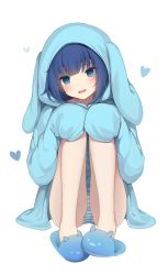 Rule 34 | 1girl, :d, amashiro natsuki, animal ears, animal hood, blue eyes, blue footwear, blue hair, blue hoodie, commentary request, eyebrows hidden by hair, fake animal ears, full body, hands on own knees, hands up, heart, highres, hood, hood up, hoodie, knees up, long sleeves, looking at viewer, open mouth, original, panties, rabbit ears, rabbit hood, simple background, sitting, sleeves past fingers, sleeves past wrists, slippers, smile, solo, striped clothes, striped panties, underwear, white background