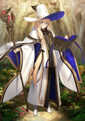 Rule 34 | 1girl, blonde hair, blue eyes, book, bow, bowtie, braid, day, fate/grand order, fate (series), floating, floating book, floating object, full body, glasses, grass, hair between eyes, hat, high heels, holding, holding staff, long hair, looking at viewer, official art, open book, outdoors, solo, staff, standing, takeuchi takashi, aesc (fate), tree, very long hair, witch hat