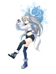 Rule 34 | 1girl, belt, belt pouch, black gloves, black shirt, black thighhighs, blue shorts, boots, closers, crop top, crop top overhang, cropped jacket, fox tail, fur trim, gloves, grey hair, hands up, highres, holding snowball, hood, hood down, hooded jacket, jacket, leg up, long hair, long sleeves, midriff, navel, non-web source, official art, pouch, puffy sleeves, red eyes, shirt, short shorts, shorts, side ponytail, smile, snowball, solo, stomach, tail, thighhighs, thighs, tina (closers), undershirt, very long hair, white jacket