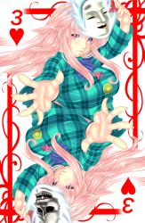 Rule 34 | 1girl, breasts, buttons, card, card (medium), commentary request, expressionless, fingernails, hata no kokoro, highres, large breasts, long hair, looking at viewer, mask, multiple views, noh mask, pink eyes, pink hair, plaid, plaid shirt, playing card, shirt, sidelocks, touhou, yoiti