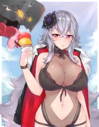 Rule 34 | 1girl, 1other, azur lane, bikini, black bikini, blush, breasts, clothing cutout, dated, flower, food, graf zeppelin (azur lane), graf zeppelin (beachside urd) (azur lane), grey hair, hair flower, hair ornament, hip focus, ice cream, kuavera, large breasts, light smile, long hair, looking at viewer, navel, navel cutout, parted lips, red eyes, signature, swimsuit, thighs, tongue, twitter username, very long hair