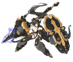 Rule 34 | 1girl, acacia (artery gear), armored boots, armored gloves, artery gear, artery gear: fusion, artist request, bikini, black bikini, black thighhighs, boots, breasts, brown hair, character request, check character, cleavage, electricity, headgear, highres, holding, holding weapon, large breasts, long hair, official art, ponytail, purple eyes, swimsuit, thighhighs, third-party source, transparent background, weapon