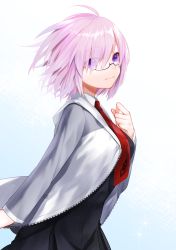 Rule 34 | 1girl, ahoge, black dress, breasts, cowboy shot, dress, eyes visible through hair, fate/grand order, fate (series), from side, glasses, glasses visible through hair, hair over one eye, hood, hoodie, looking at viewer, mash kyrielight, medium breasts, necktie, pink hair, purple eyes, red necktie, simple background, smile, solo, tagme, waka (shark waka)