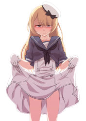 Rule 34 | 1girl, blonde hair, blue eyes, blue sailor collar, clothes lift, cowboy shot, dress, dress lift, futatsuki hisame, gloves, hat, highres, jervis (kancolle), kantai collection, lifting own clothes, long hair, sailor collar, sailor dress, sailor hat, short sleeves, solo, standing, white gloves, white hat