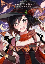 Rule 34 | 1girl, alternate costume, birthday, black hair, breasts, cleavage, commentary, corset, crescent moon, dated, ecru, english text, flower, flower hat, halloween, happy, hat, moon, rose, ruby rose, rwby, grey eyes, solo, star-shaped pupils, star (symbol), symbol-shaped pupils, witch hat