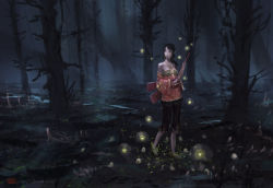 Rule 34 | 1girl, bad id, bad pixiv id, bird, black hair, detached sleeves, earrings, forest, glowing, jewelry, nature, necklace, night, original, paberu, pointy ears, shadow, shorts, tree