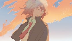 Rule 34 | 1girl, arknights, black jacket, blue background, collared shirt, fiammetta (arknights), fire, gradient background, grey background, grey eyes, grey hair, hair between eyes, highres, jacket, looking away, looking to the side, necktie, parted lips, red necktie, saishangjiangbei, shirt, solo, white shirt