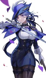 Rule 34 | 1girl, black pantyhose, black skirt, blue capelet, blue hair, capelet, clorinde (genshin impact), commentary request, confetti, corset, cowboy shot, earrings, garter straps, genshin impact, hat, hat feather, head tilt, highres, holding, holding sword, holding weapon, iron sting (genshin impact), jewelry, looking at viewer, miniskirt, muri (pan&#039;ichi murimuri geinin), pantyhose, pencil skirt, purple eyes, shirt, simple background, skirt, solo, standing, sword, thigh strap, tricorne, weapon, white background, white shirt