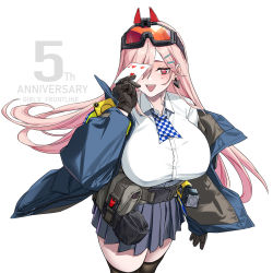 Rule 34 | 1girl, absurdres, anniversary, blush, breasts, earrings, electroshock weapon, fang, girls&#039; frontline, highres, huge breasts, jewelry, less-than-lethal weapon, long hair, mole, mole under eye, off shoulder, pink hair, pleated skirt, red eyes, sig mcx (girls&#039; frontline), skirt, smile, solo, taser, thighhighs, very long hair, yitiao er-hua, zettai ryouiki