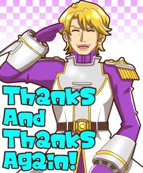 Rule 34 | 10s, 1boy, armor, blonde hair, closed eyes, gloves, keith goodman, male focus, salute, sky high (tiger &amp; bunny), smile, solo, superhero costume, thank you, tiger &amp; bunny