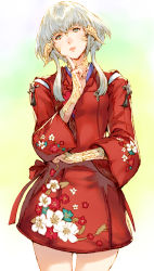 Rule 34 | 1girl, au ra, closed mouth, cowboy shot, dress, expressionless, final fantasy, final fantasy xiv, finger to cheek, floral print, gradient background, green background, green eyes, hair ornament, hand up, head tilt, highres, lips, long sleeves, looking at viewer, makimura shunsuke, red dress, short hair, sidelocks, silver hair, solo, standing