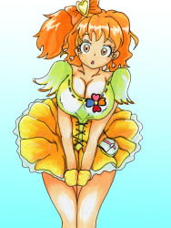 Rule 34 | 1girl, bow, breasts, brown eyes, cleavage, covering privates, covering crotch, cure pine, earrings, covered erect nipples, fresh precure!, hair bow, jewelry, large breasts, long hair, looking at viewer, magical girl, open mouth, orange hair, precure, solo, yamabuki inori