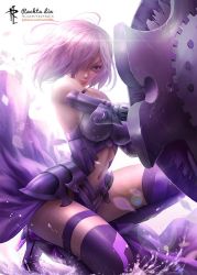 Rule 34 | 1girl, armor, armored dress, bare shoulders, boots, breasts, closed mouth, clothing cutout, commentary, elbow gloves, english commentary, fate/grand order, fate (series), faulds, gloves, hair over one eye, high heel boots, high heels, holding, holding shield, large breasts, light purple hair, looking at viewer, mash kyrielight, navel, navel cutout, purple eyes, purple footwear, purple hair, rachta lin, shield, short hair, smile, solo, squatting, thigh strap, thighhighs, thighs