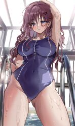 Rule 34 | 1girl, arm up, blue eyes, blush, breasts, covered navel, gluteal fold, hair ornament, hairclip, highres, large breasts, long hair, looking at viewer, one-piece swimsuit, original, parted lips, pool, pool ladder, poolside, purple hair, saya (mychristian2), school swimsuit, solo, swimsuit, thighs, water, wet
