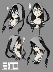 Rule 34 | 1girl, angry, arizuka (catacombe), bags under eyes, black eyes, black hair, blush, bra, breasts, character sheet, cleavage, happy, highres, hood, hoodie, monochrome, multiple views, open mouth, original, pale skin, simple background, striped bra, striped clothes, twintails, underwear