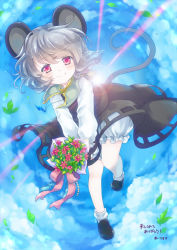 Rule 34 | 1girl, animal ears, bloomers, blue sky, bouquet, capelet, cloud, dress, flower, flying, gem, grey dress, grey hair, iris anemone, jewelry, leaf, long sleeves, looking at viewer, mouse ears, mouse tail, nazrin, necklace, pendant, pink eyes, sky, smile, solo, sunlight, tail, touhou, underwear