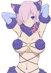 Rule 34 | 1girl, animal ears, arms behind head, bow, breasts, elbow gloves, fate/grand order, fate (series), fuchitoro, fur trim, gloves, hair over one eye, halloween costume, large breasts, looking at viewer, mash kyrielight, mash kyrielight (dangerous beast), navel, official alternate costume, purple eyes, purple hair, short hair, solo, upper body, white background, wolf ears