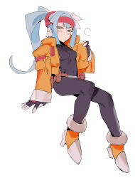 Rule 34 | 1girl, ashe (mega man), blue hair, blush, bodysuit, breasts, closed mouth, commentary request, covered navel, gloves, green eyes, headband, high ponytail, highres, invisible chair, jacket, long hair, looking at viewer, mayutsuba mono, medium breasts, mega man (series), mega man zx, mega man zx advent, open clothes, open jacket, ponytail, sitting, solo