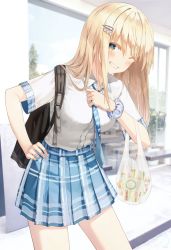 Rule 34 | 1girl, backpack, bag, blonde hair, blue necktie, blue scrunchie, blue skirt, breasts, collared shirt, commentary request, diagonal-striped clothes, diagonal-striped necktie, diagonal-striped neckwear, dress shirt, food, grin, hair between eyes, hair ornament, hairclip, highres, indoors, long hair, looking at viewer, necktie, one eye closed, original, plaid, plaid skirt, plastic bag, pleated skirt, ruda (ruda e), sandwich, school uniform, scrunchie, shirt, short sleeves, skirt, small breasts, smile, solo, striped clothes, striped necktie, striped neckwear, white shirt, wrist scrunchie