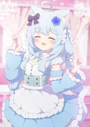 Rule 34 | 1girl, :3, ahoge, animal ear fluff, animal ear piercing, animal ears, black bow, blue dress, blue hair, blue sleeves, blurry, blurry background, blush, bow, cat ears, cat girl, cat tail, cleavage cutout, closed eyes, clothing cutout, commission, depth of field, detached sleeves, dress, fang, flat chest, hair bow, hands up, highres, indoors, long hair, long sleeves, low twintails, open mouth, original, skeb commission, skin fang, smile, solo, tail, twintails, tyakomes, variant set