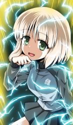 Rule 34 | 1girl, absurdres, aki (girls und panzer), alternate hairstyle, aura, blue jacket, blue skirt, bob cut, dragon ball, dragonball z, electricity, girls und panzer, green eyes, hair down, hand on own chin, highres, insignia, jacket, kamishima kanon, keizoku military uniform, leaning forward, light brown hair, long sleeves, looking at viewer, military, military uniform, miniskirt, open mouth, pleated skirt, raglan sleeves, short hair, skirt, smile, solo, standing, super saiyan, super saiyan 2, track jacket, uniform, wiping face, zipper