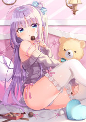 Rule 34 | 1girl, :o, absurdres, ahoge, arm between legs, bare shoulders, bed, bed sheet, blue eyes, blush, box, bra strap, candy, chocolate, commentary, food, gift, gift box, hair between eyes, hair bun, hair ribbon, heart, heart-shaped pillow, highres, holding, holding candy, holding chocolate, holding food, holding lollipop, indoors, knee up, lollipop, long hair, looking at viewer, off-shoulder sweater, off shoulder, on bed, original, panties, pillow, purple hair, ribbon, shiono (0303), single hair bun, sitting, solo, stuffed animal, stuffed toy, sweater, teddy bear, thighhighs, underwear, wall lamp, white panties, white thighhighs