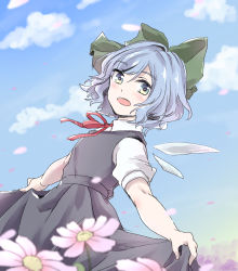 Rule 34 | 1girl, :d, absurdres, blue dress, blue eyes, blue hair, blush, bow, cirno, cloud, collared shirt, day, detached wings, dress, field, flower, flower field, green bow, hair bow, highres, ice, ice wings, kuromame (8gou), long dress, looking at viewer, neck ribbon, open mouth, outdoors, pinafore dress, puffy short sleeves, puffy sleeves, red ribbon, ribbon, shirt, short hair, short sleeves, skirt hold, sky, sleeveless dress, smile, solo, teeth, touhou, upper teeth only, wavy hair, white shirt, wings
