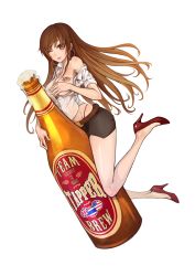 Rule 34 | 1girl, ;p, absurdres, alcohol, bare legs, bare shoulders, beer, breasts, brown hair, covering privates, covering breasts, earrings, g-string, high heels, highres, hjz (artemi), hoop earrings, jewelry, large breasts, legs, long hair, long legs, miniskirt, off shoulder, one eye closed, open clothes, open shirt, original, oversized object, panties, pantyshot, red footwear, shirt, shoes, skirt, sleeves rolled up, solo, tattoo, thighs, thong, tongue, tongue out, unbuttoned, underwear, upskirt, wink