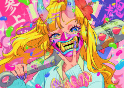 Rule 34 | 1girl, absurdres, blonde hair, blue cardigan, blue eyes, bow, bowtie, candy, cardigan, chama kou, club, club (weapon), collared shirt, earrings, eyelashes, floating hair, flower, food, green shirt, gyaru, hair flower, hair ornament, hair scrunchie, hairclip, hand up, highres, holding club, horns, jelly bean, jewelry, long hair, mask, mixed-language commentary, mouth mask, nail polish, ninja mask, oni, oni horns, oni mask, original, over shoulder, scrunchie, shirt, solo, spiked club, upper body, v, weapon, weapon over shoulder, x hair ornament