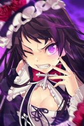 Rule 34 | 1girl, bare shoulders, breasts, brown hair, choker, cleavage, detached sleeves, dress, elbert albershaw, flower, frills, gothic lolita, lolita fashion, long hair, lowres, maid headdress, purple eyes, red flower, red rose, ribbon, rose, small breasts, solo, sword girls, wince
